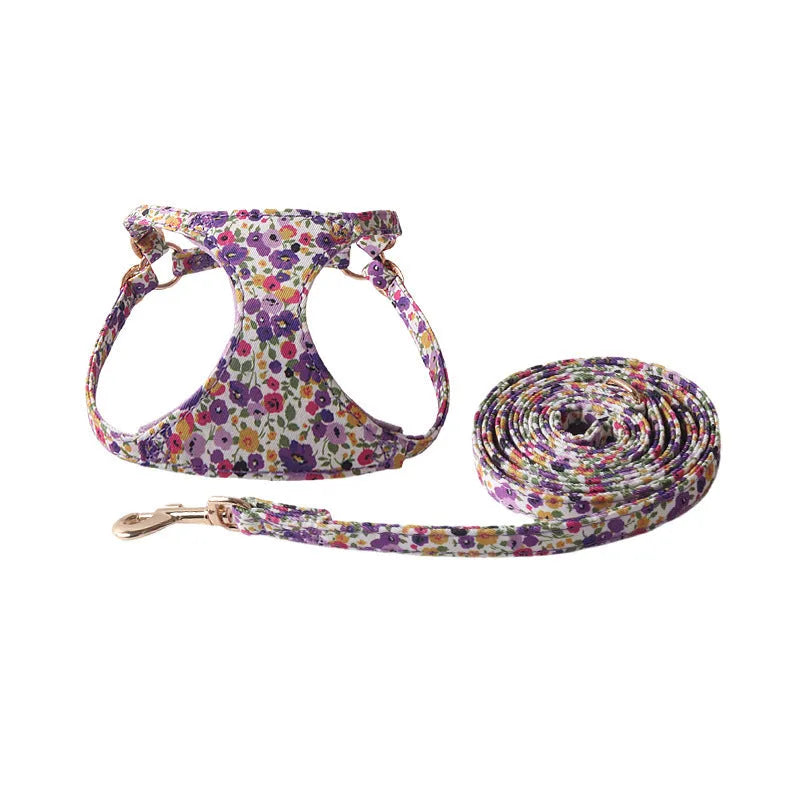 Floral series dog harness and leash set in cloth material with multiple colour options