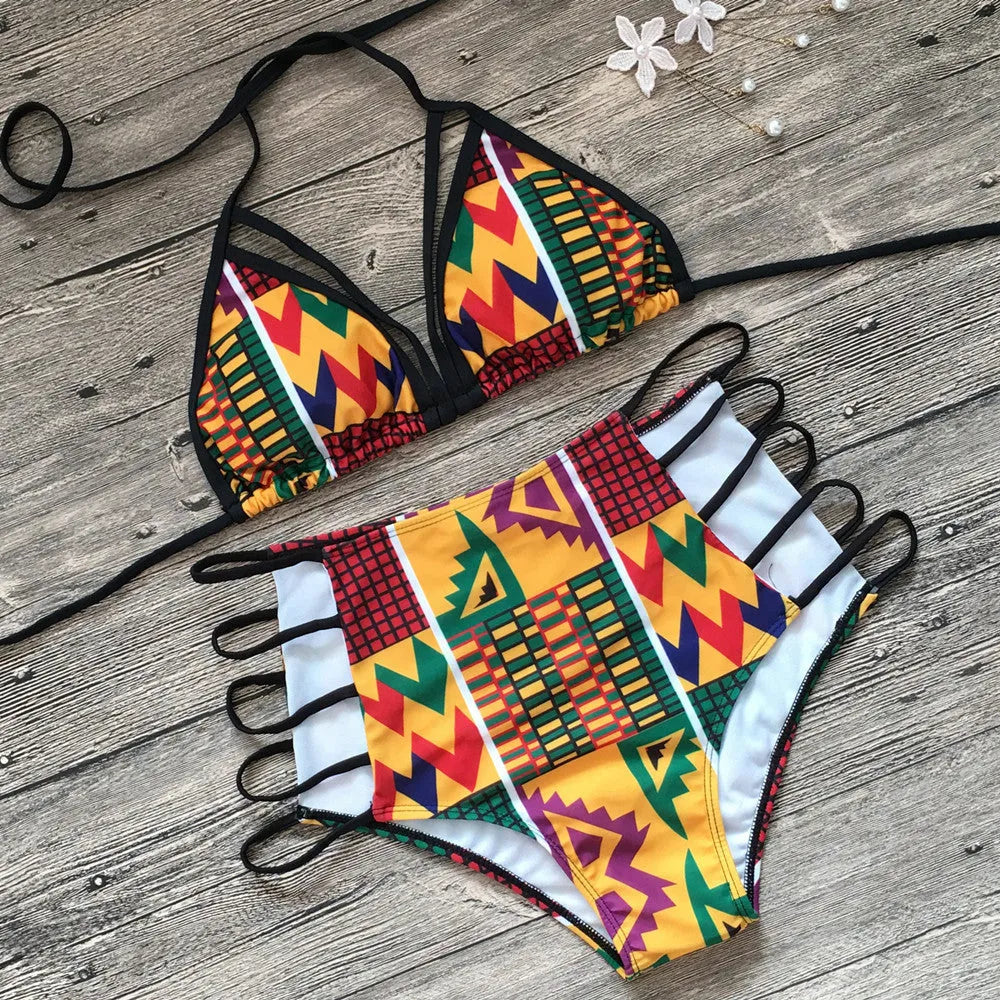 Women's high-waisted split bikini swimsuit with digital printing and backless design