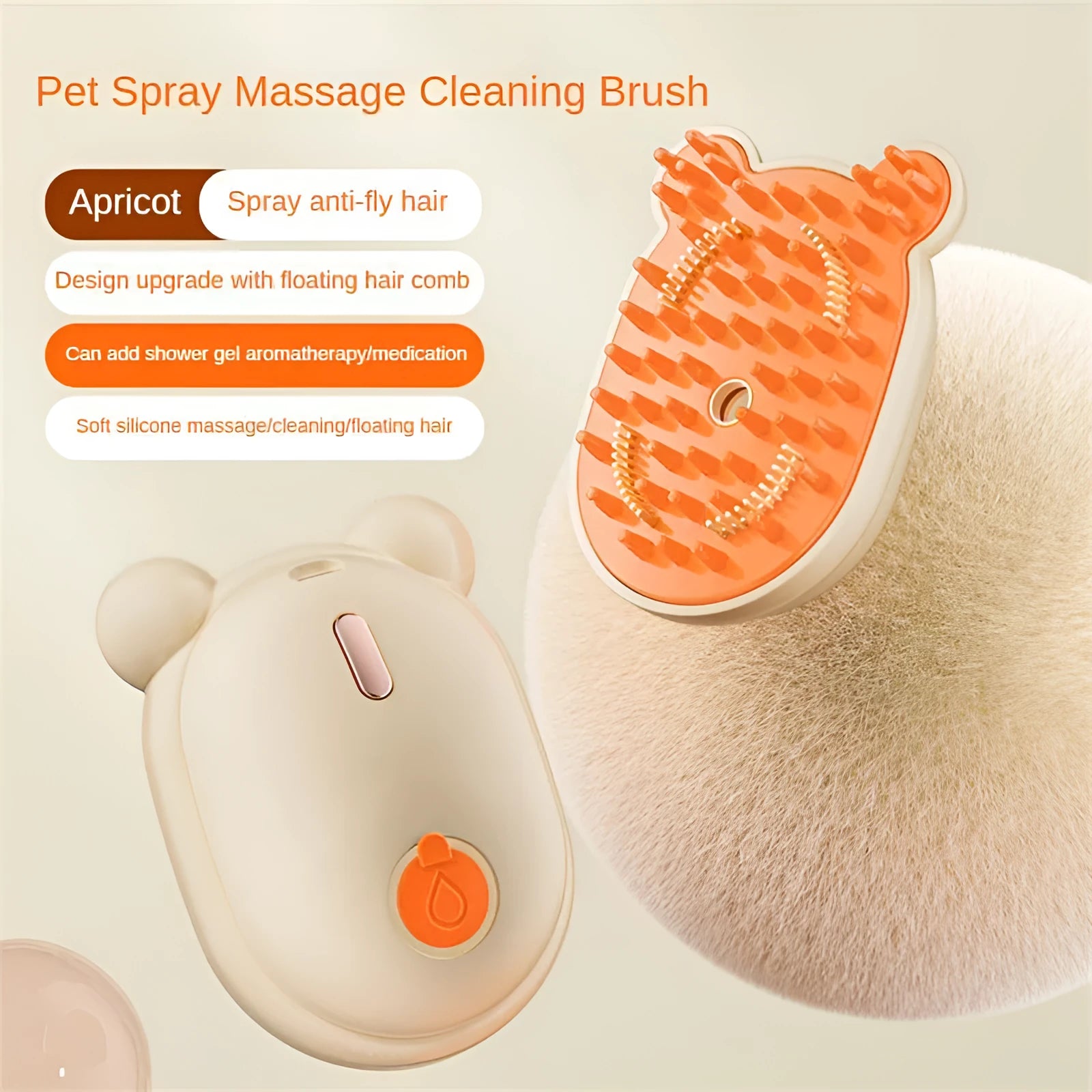 Pink and yellow pet spray massage comb with water mist function and removable silicone comb head