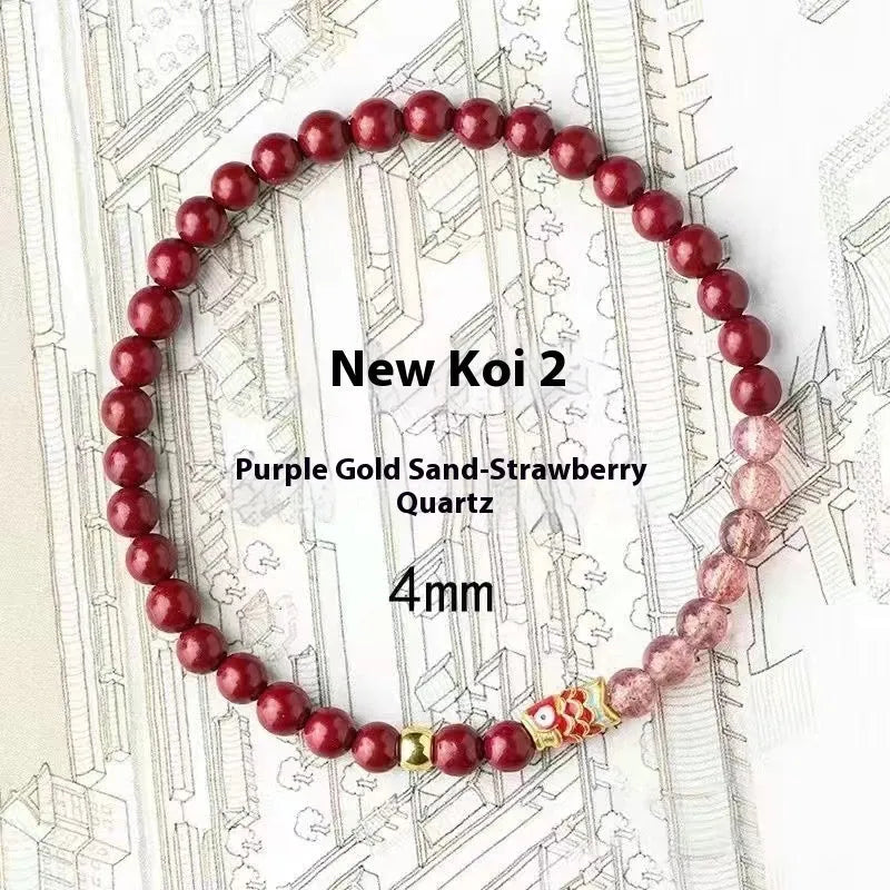 Women's purple cinnabar bracelet with strawberry quartz stones and Koi pattern design