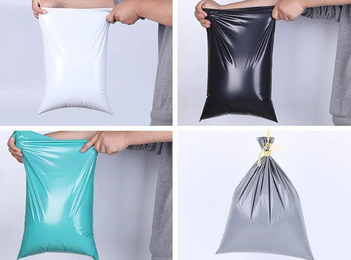 A pack of 100 clear PE courier bags for clothing with adhesive seals, shown in different sizes and colours.