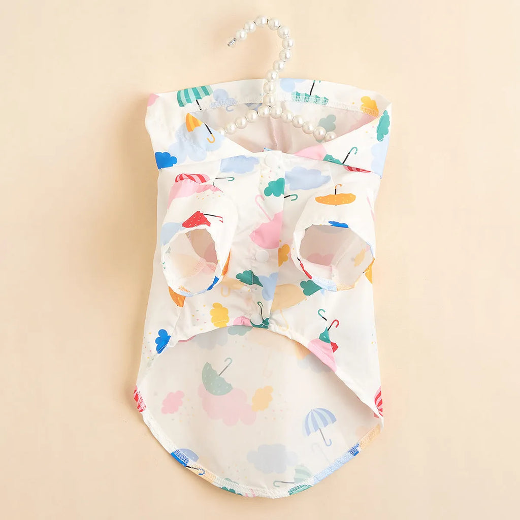 Colourful cartoon umbrella pattern dog raincoat in polyester material, shown in size L.