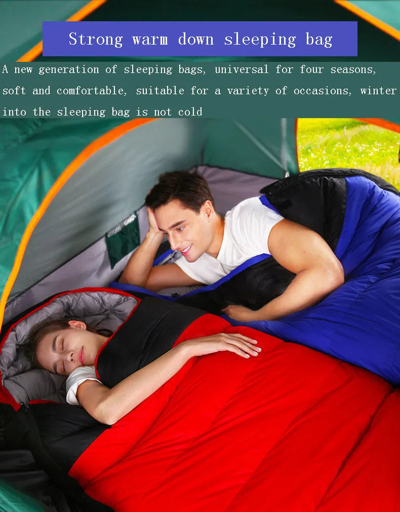 Down sleeping bag in envelope style with cotton lining, available in blue, red, or orange options