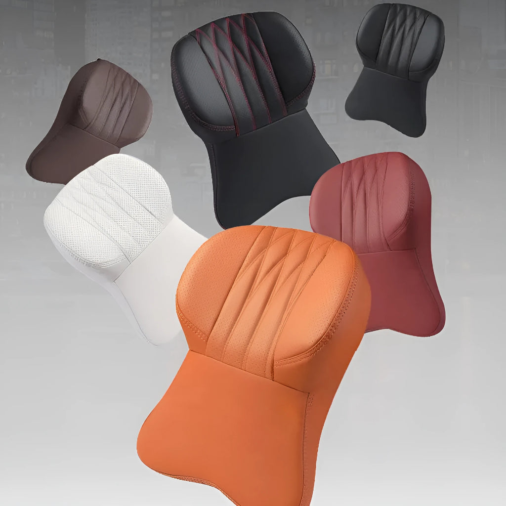 Four Seasons universal automotive headrest with embroidery leather cover in Classic Black colour