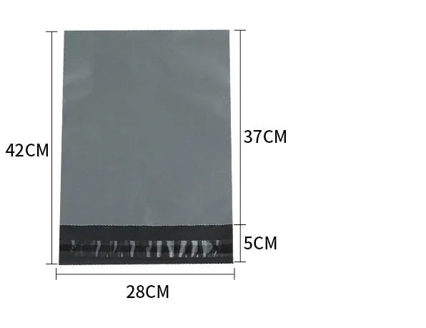 A pack of 100 clear PE courier bags for clothing with adhesive seals, shown in different sizes and colours.