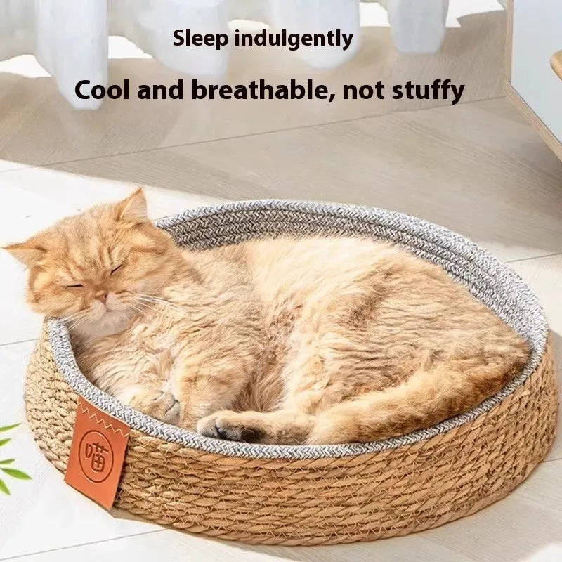 Rattan woven cat nest bed for pets, shown in size L for large cats.