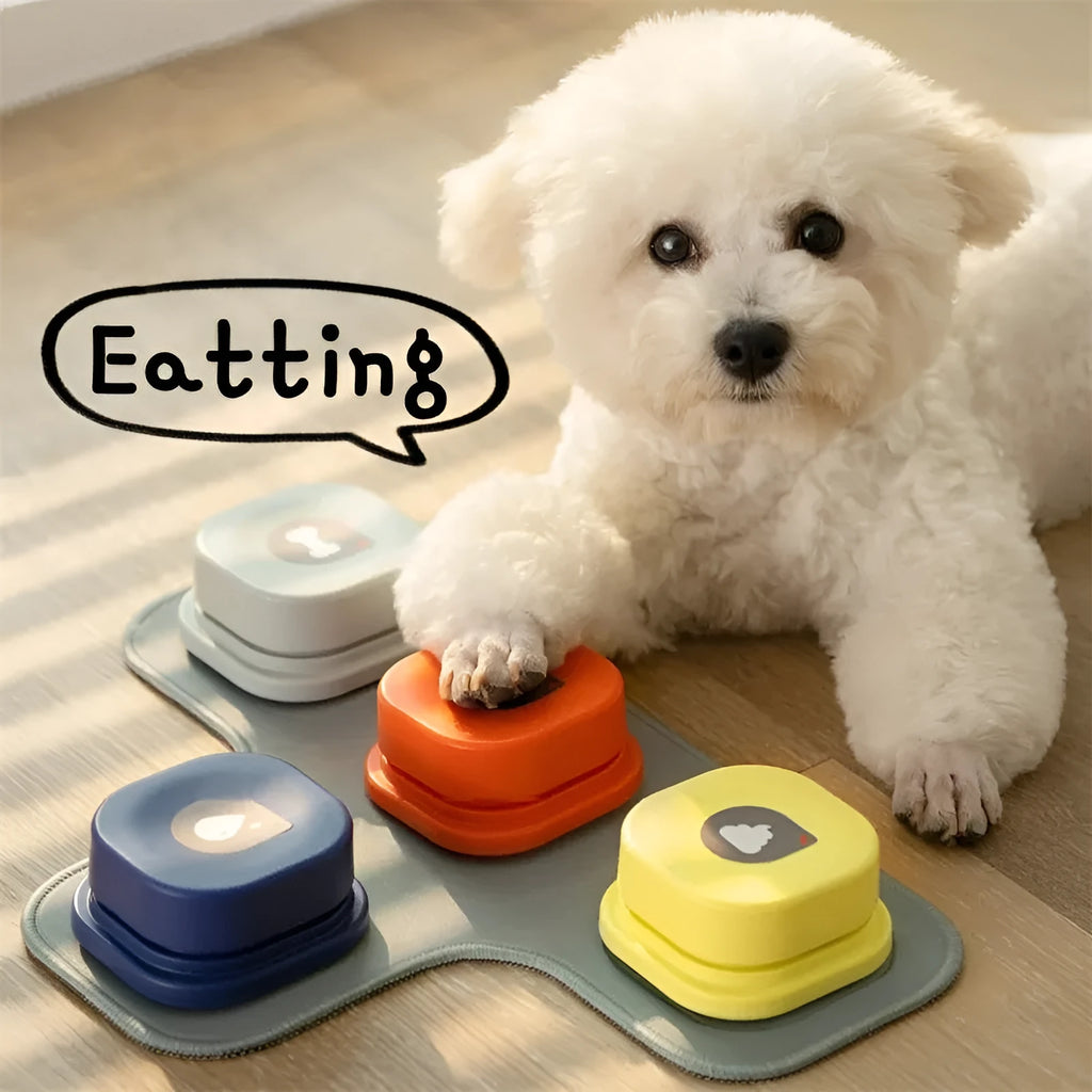 Pet communication button in orange, blue, grey, and yellow with optional 4-grid mat