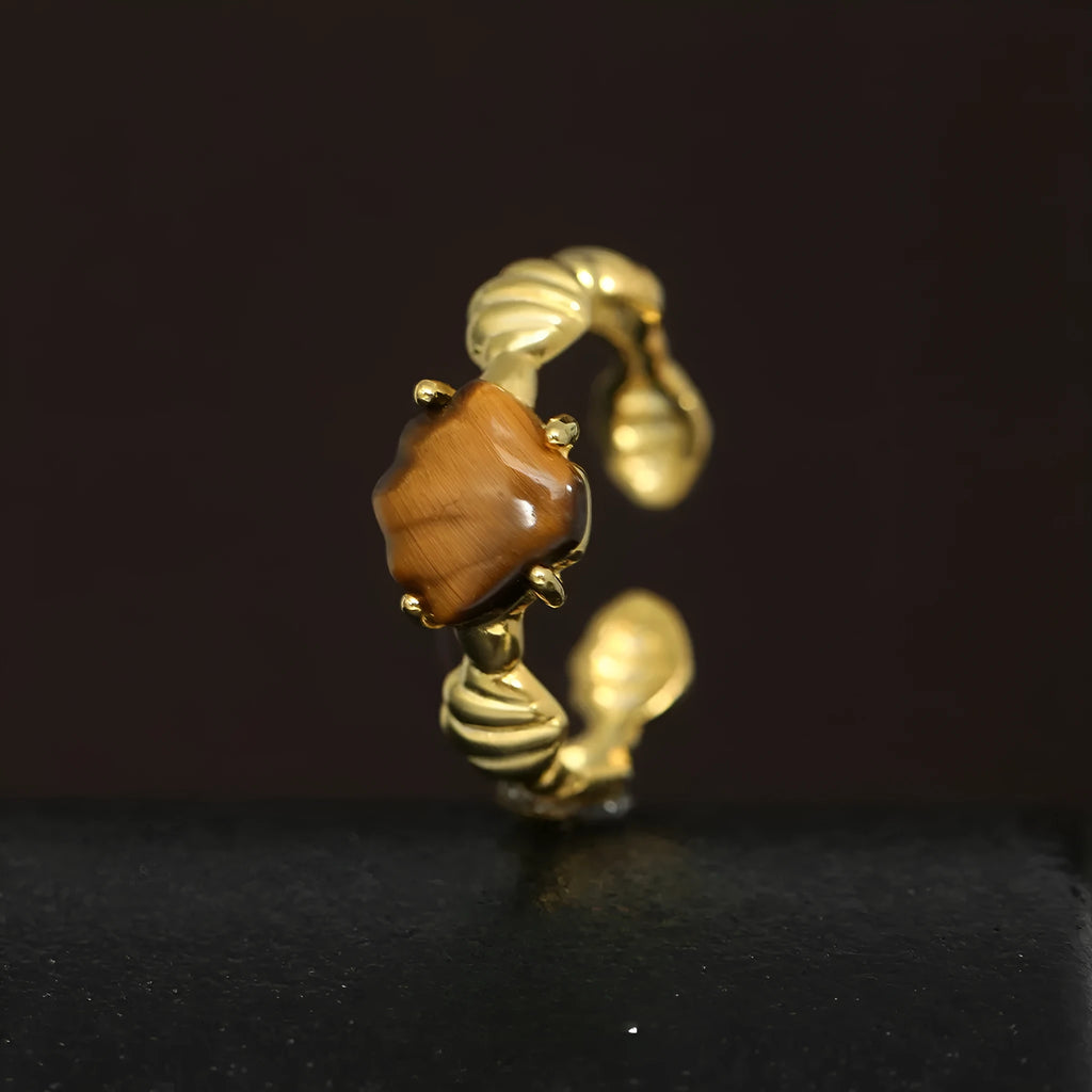 Silver ring with shell tiger eye stone, adjustable opening, electroplated white gold finish side view