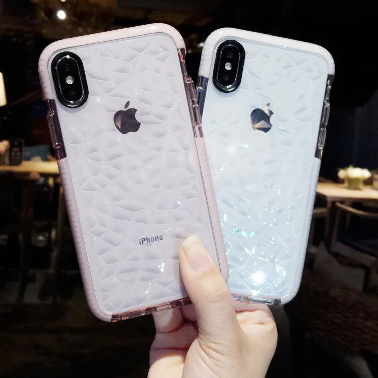 Simple striped TPU back cover case for iPhone in pink, white, and black border colour options.