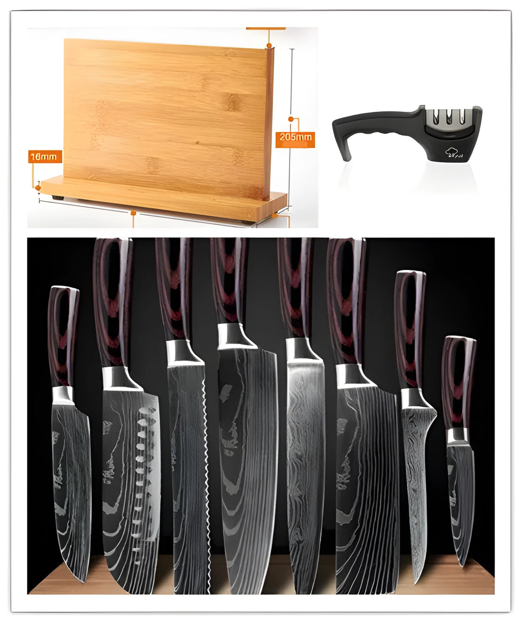 8-piece kitchen knife set with chef's knife, bread knife, Japanese knives and two separate chef's knives