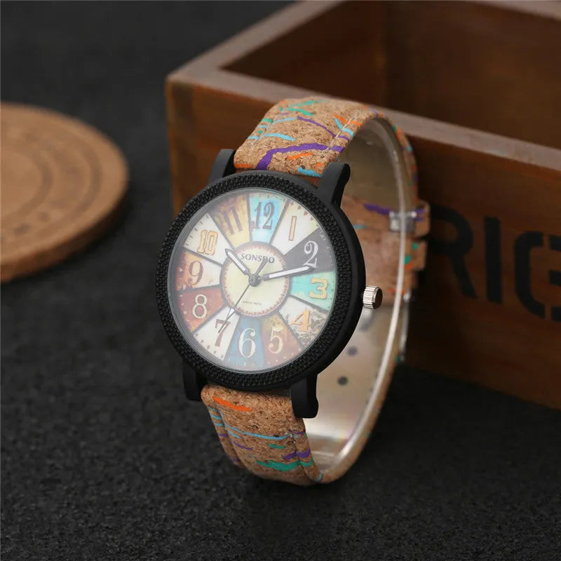Women's vintage leather quartz watch with round 37mm dial and stainless steel buckle