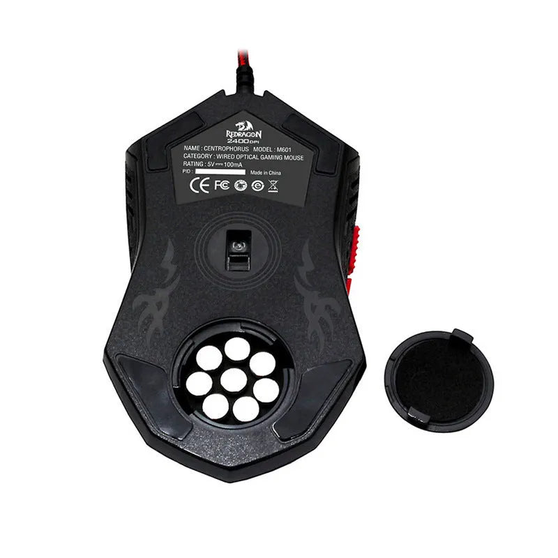 Black and red wired USB gaming mouse on a desk