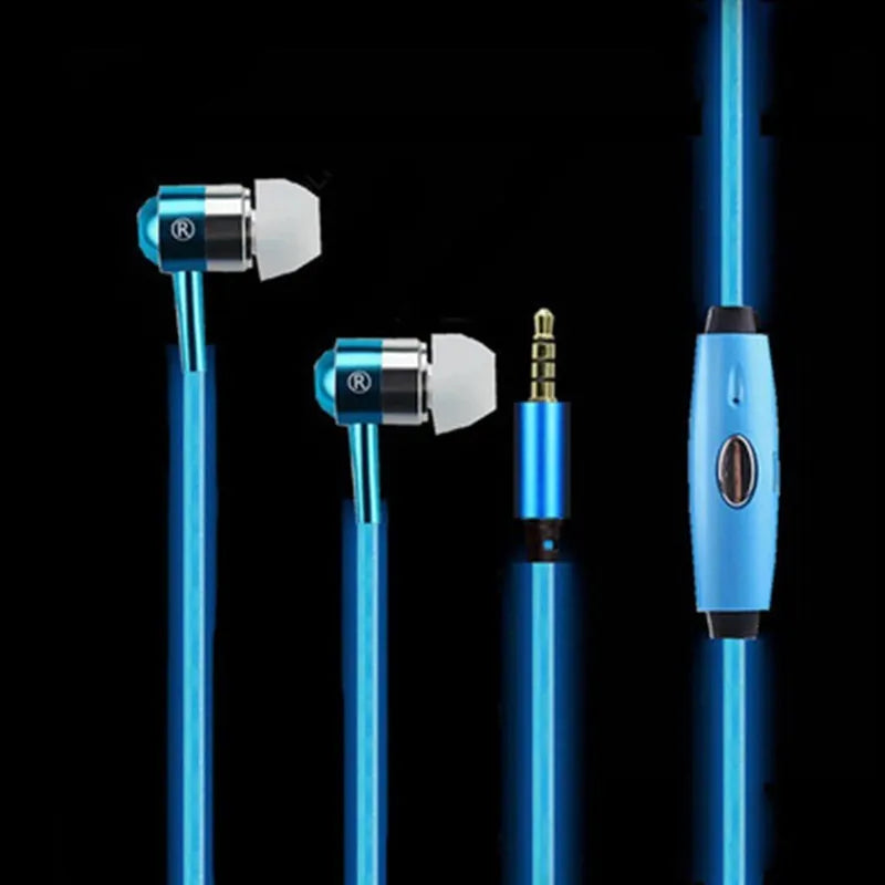 Blue Magic Light LED earphones with illuminated aluminium alloy shells showing EL light lines