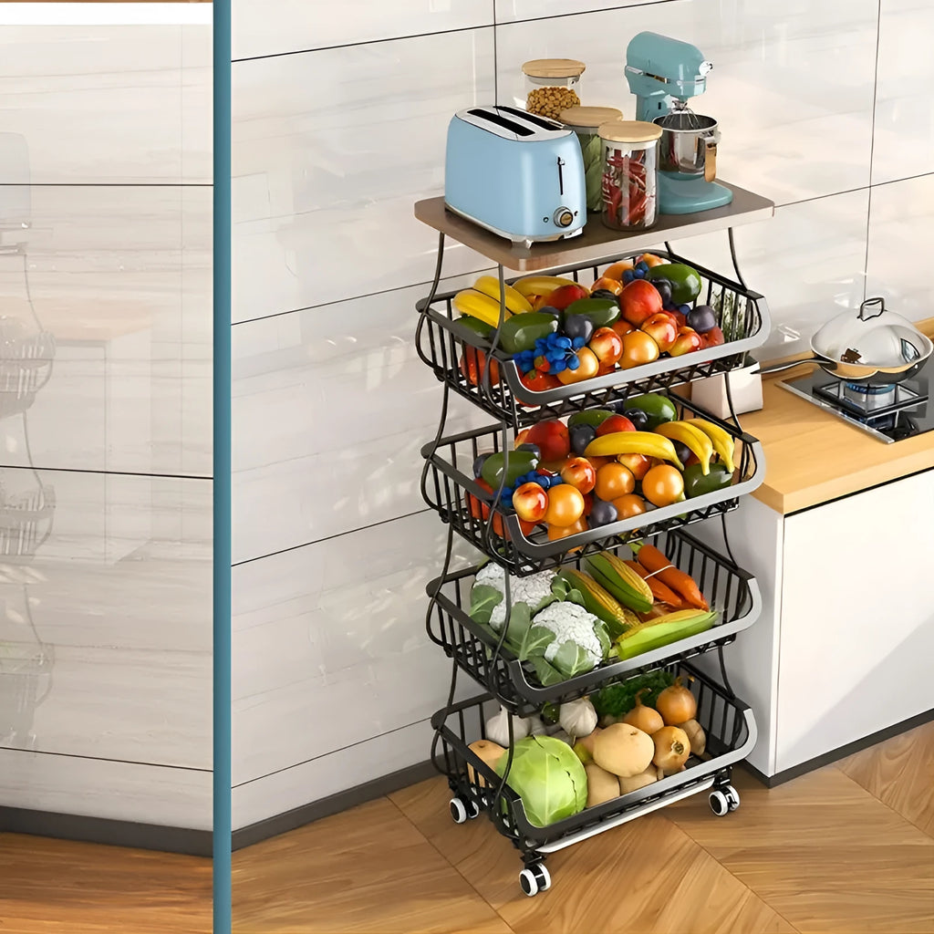 Black six-layer foldable kitchen storage rack with carbon steel frame on castors