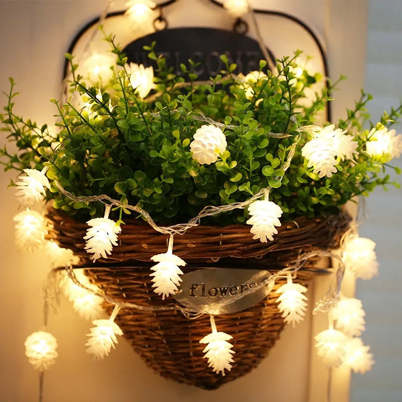 Warm white LED pine cone fairy light string on a green pine branch for decorative lighting