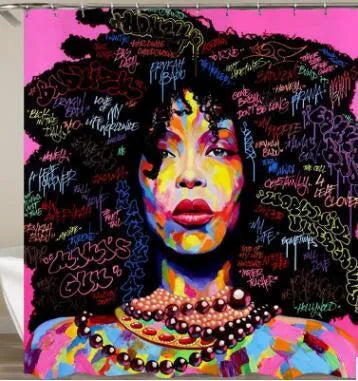 African American 3D retro style print waterproof polyester shower curtain with blue hair afro girl design