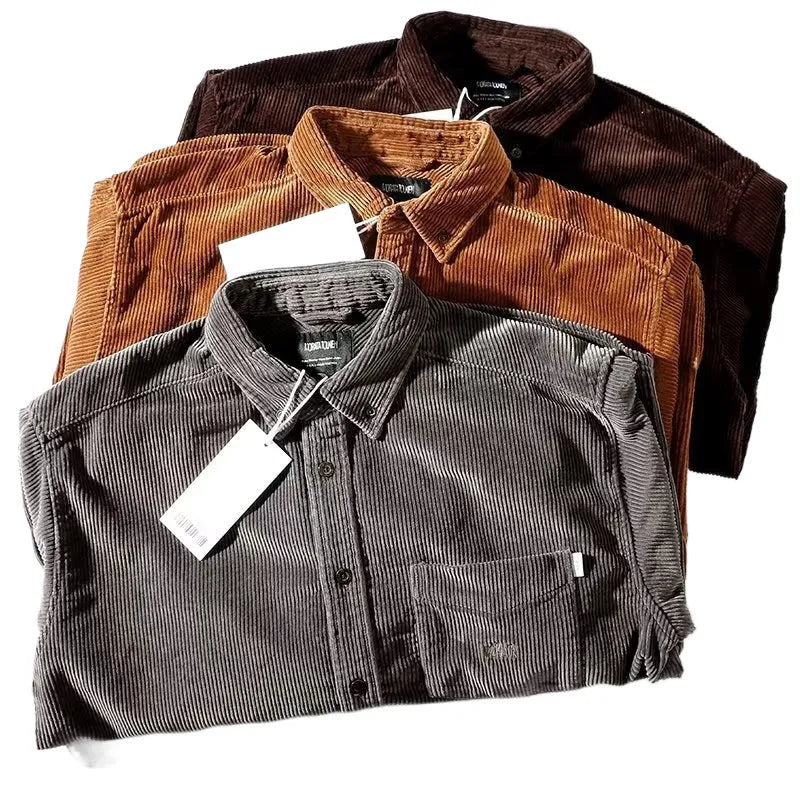 A caramel-coloured loose-fit corduroy long sleeve shirt laid flat, showing its cardigan-style cut and textured fabric.