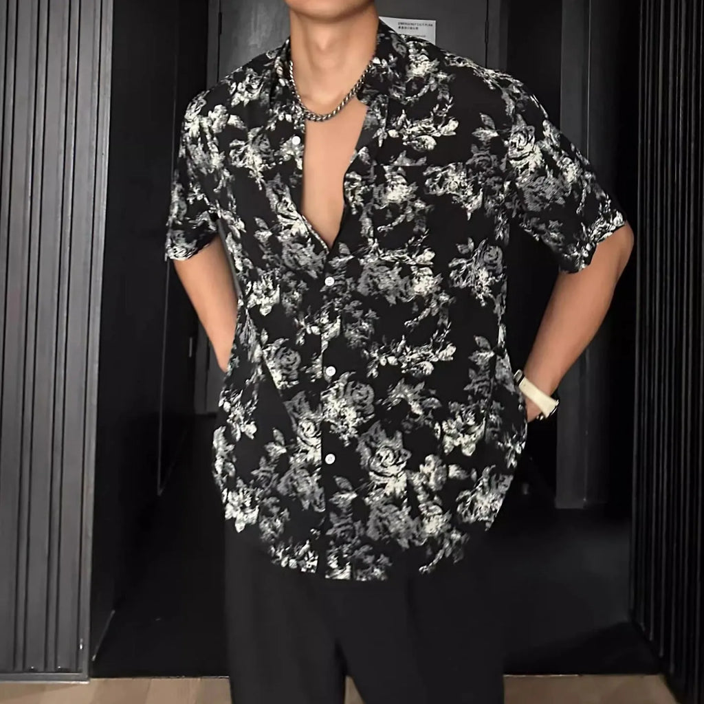 Men's black floral print short sleeve casual shirt with a loose fit and V-neck.