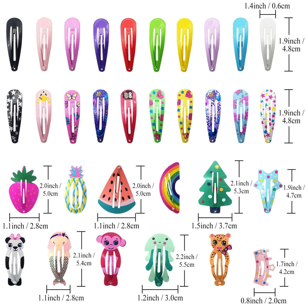 Assortment of 100 metal snap hair clips in animal, fruit, crown, star and flower designs
