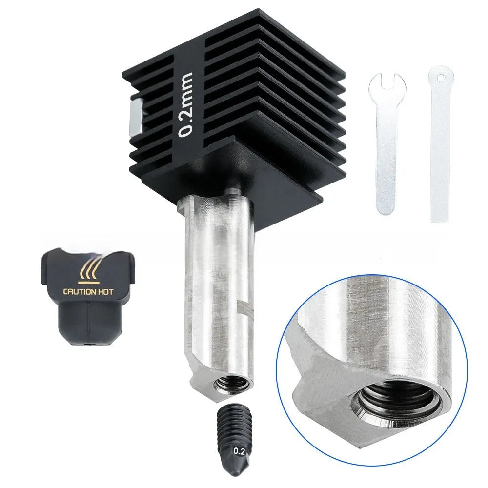 Bambu Lab A1 Mini hot end assembly with hardened steel nozzle and black silicone protective sleeve