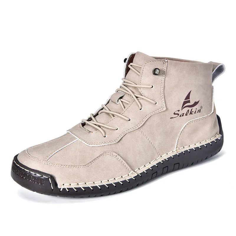 Retro-style men's high-top casual boots with elastic bands and flat rubber soles in frosted artificial PU leather