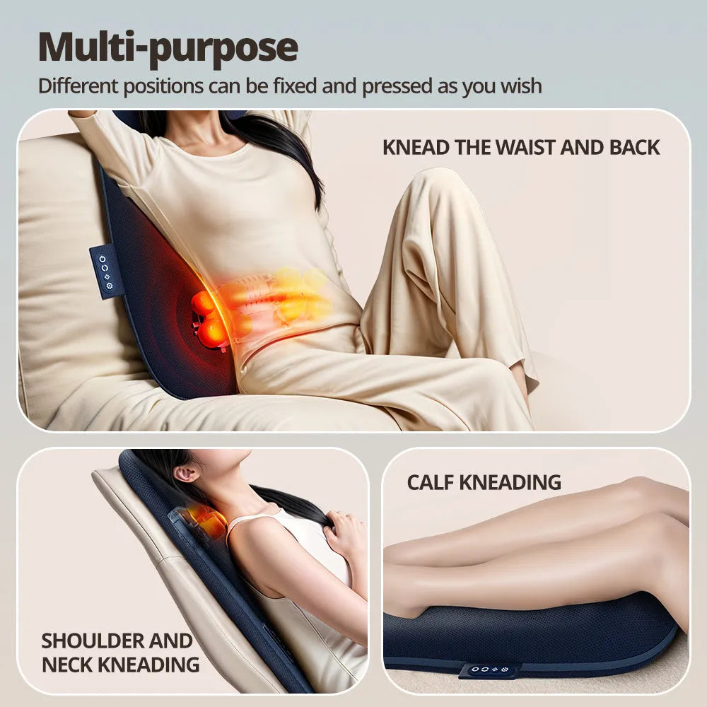 Walking massage lumbar support pillow with heat therapy and control buttons on office chair