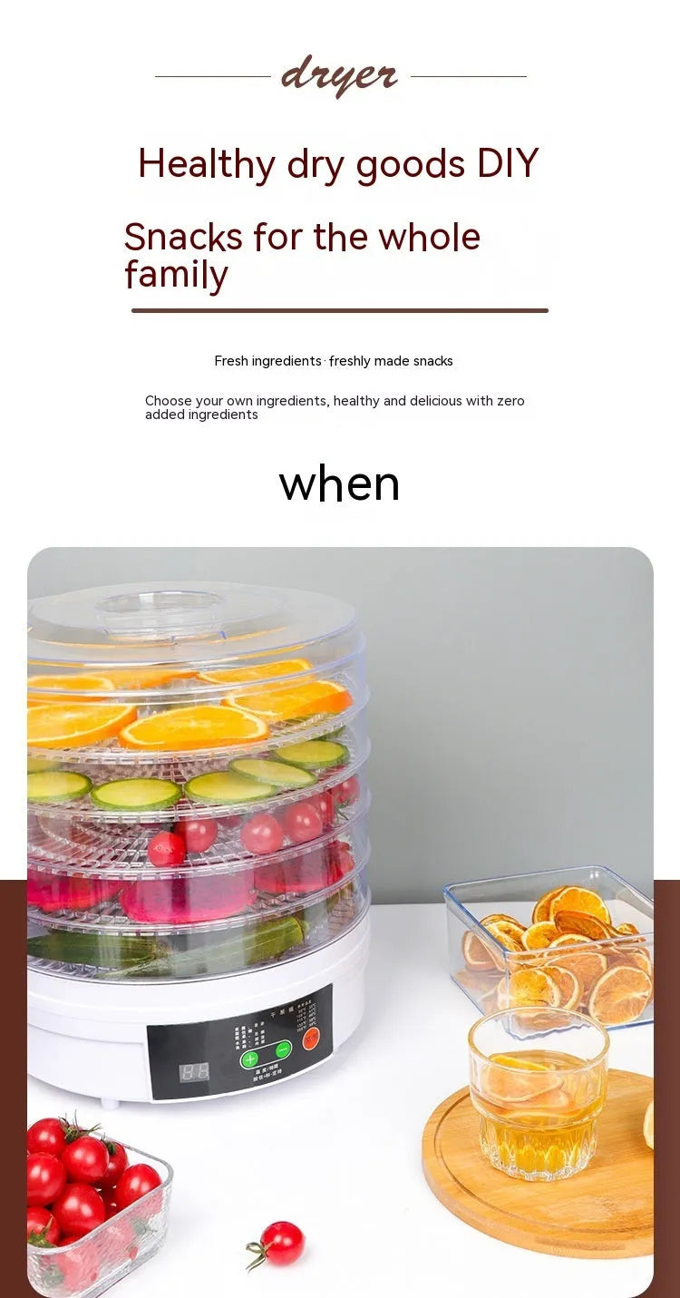 Five-layer household food dehydrator with UK plug on kitchen countertop