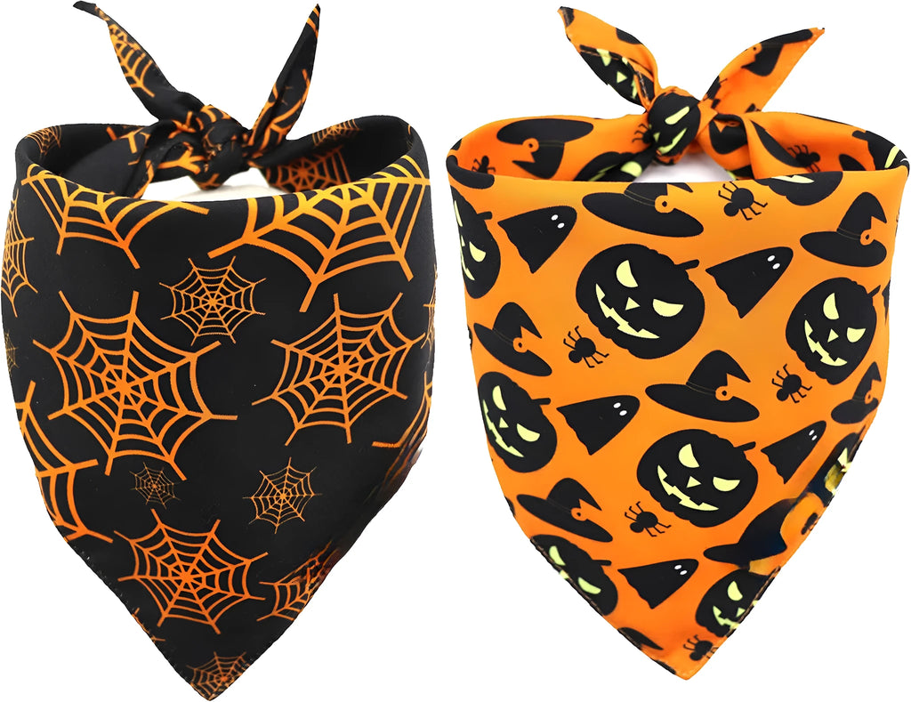 Halloween dog bandana with reversible pumpkin and spider web patterns on black and orange fabric