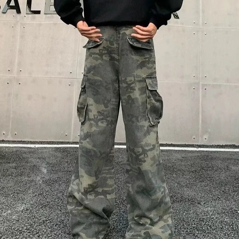 American vintage washed camouflage cotton blend cargo trousers with multiple pockets on a mid-rise waist.