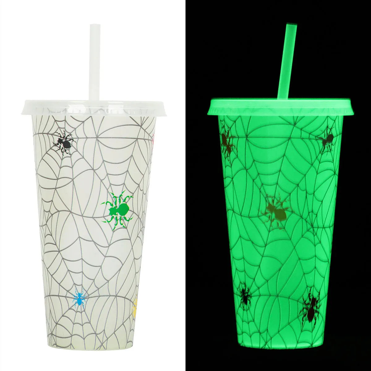 A tall 720ml plastic Halloween-themed cup with a luminous straw, shown in one of six available colours.