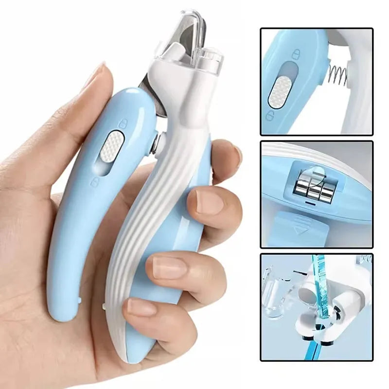 Whale Nail Clippers with LED light in Light Blue, showing half-moon blade and safety lock