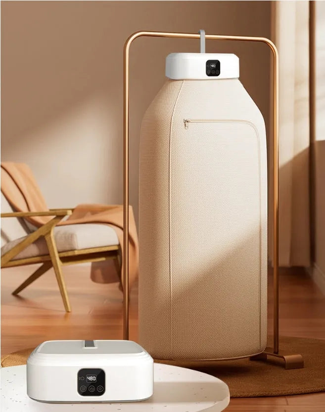 White cylindrical foldable clothes dryer with remote control for dormitory use