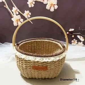 Hand-woven rustic straw storage basket in coffee brown colour.
