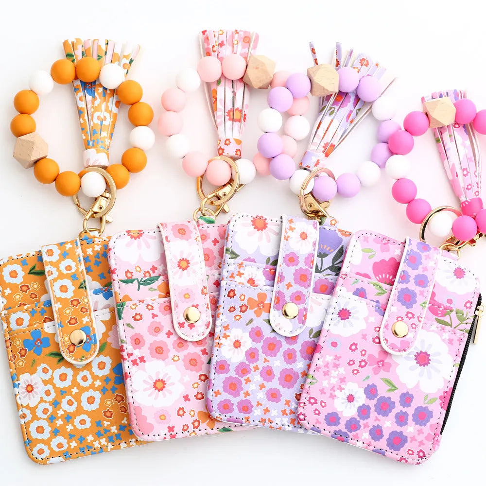 Women's floral print leather card bag in light pink, compact size 10cm x 7cm, nine colours available