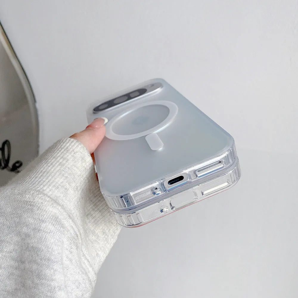 Transparent laser frosted matte phone case for Google smartphones on a flat surface.