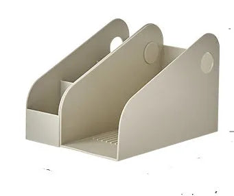 Plastic desktop storage organiser with two tiers in milk coffee colour on a desk
