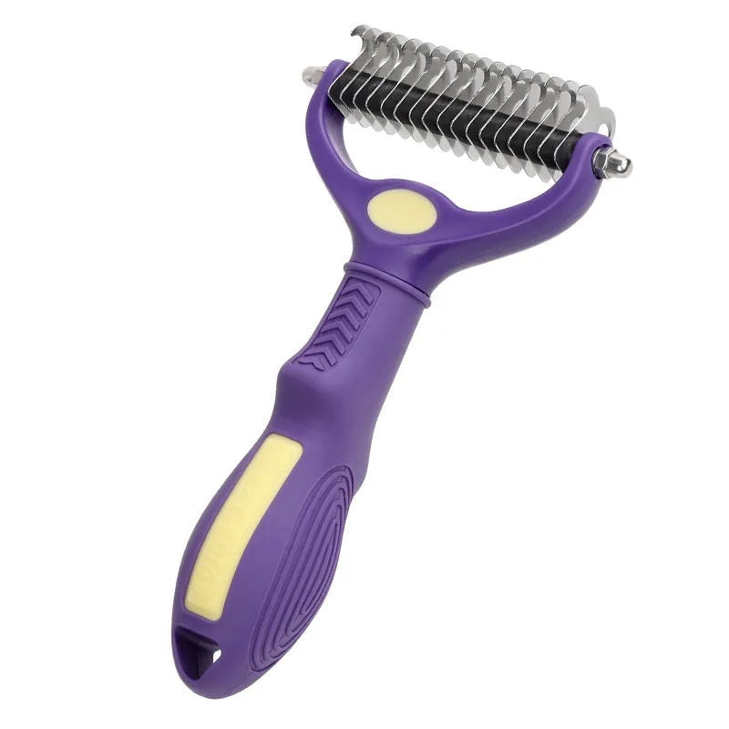 Purple double-sided plastic pet comb for detangling dog and cat fur knots