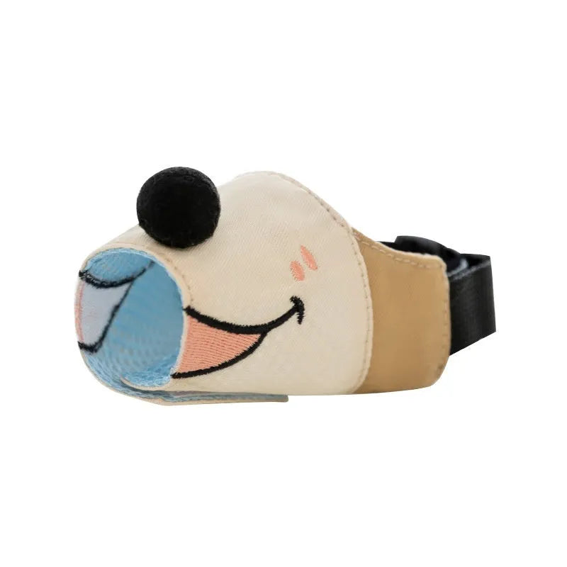 Canvas dog muzzle in Bondi Blue Shark pattern showing adjustable sizing for bite prevention