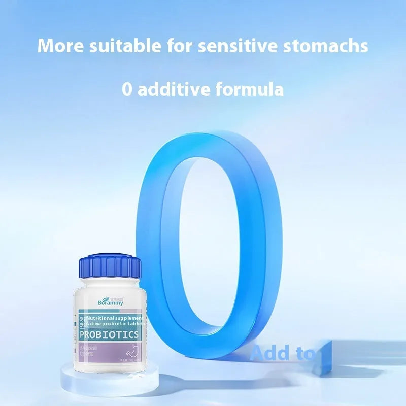 Bottle of 180 pet probiotic tablets for digestive support in cats and dogs