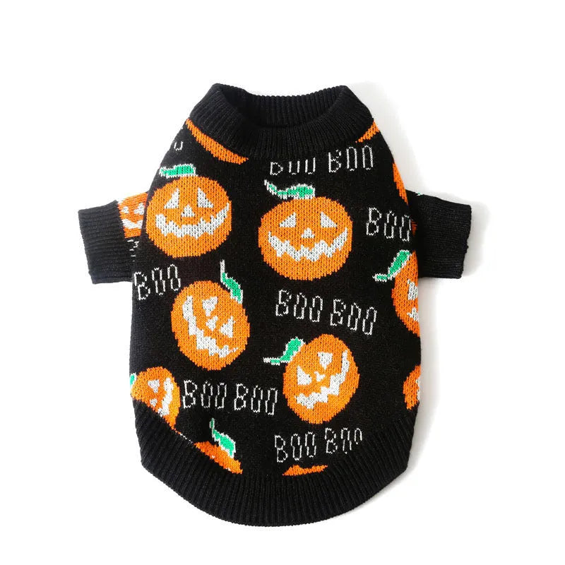 Black polyester dog sweater with orange pumpkin pattern for Halloween, shown on a dog.