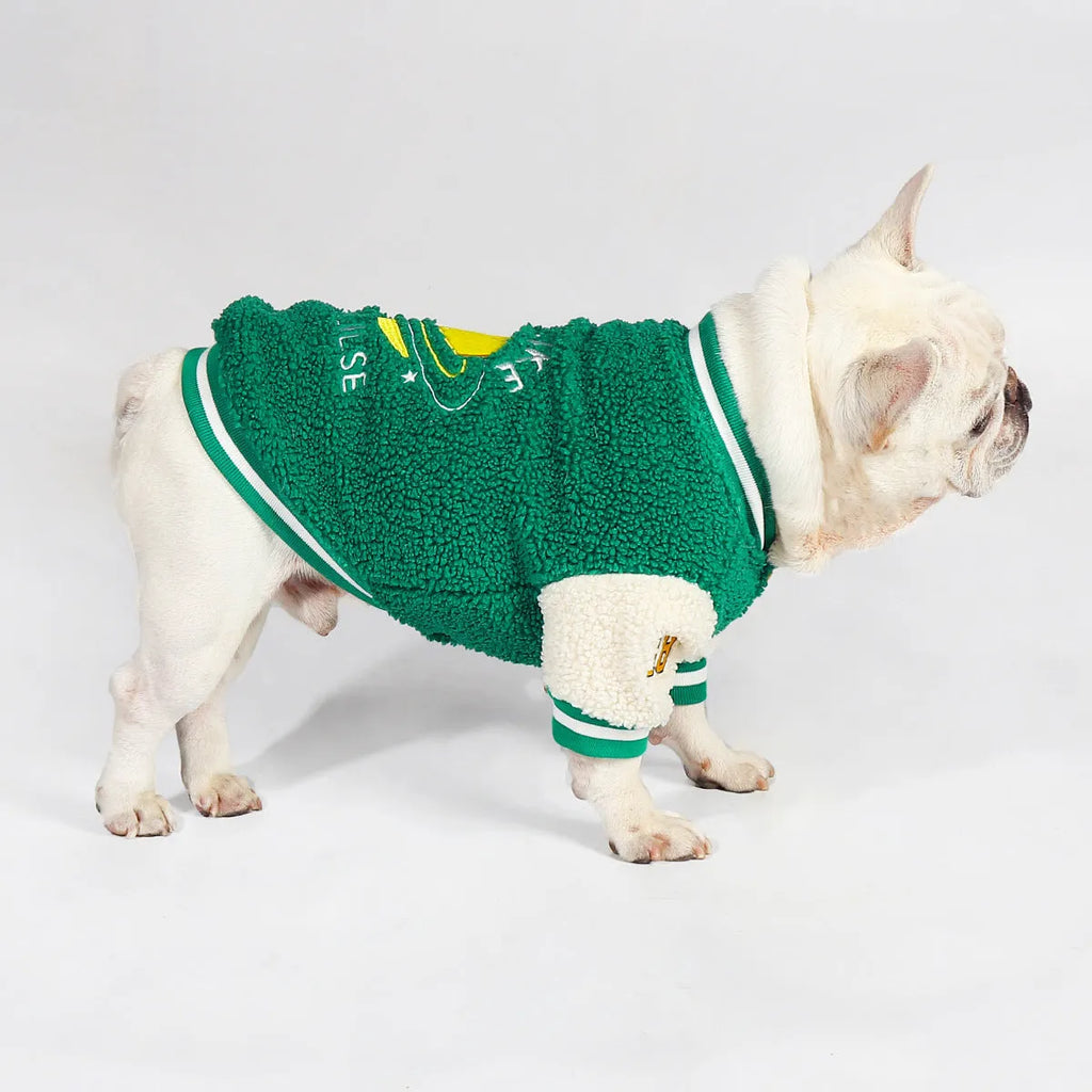 Green fleece-lined cotton winter dog clothing shown in sizes L through 4XL