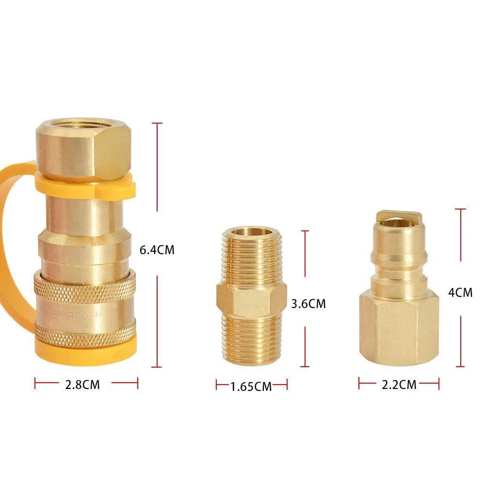 Gold brass gas propane tank charging connector with 3/8 inch American standard threads.