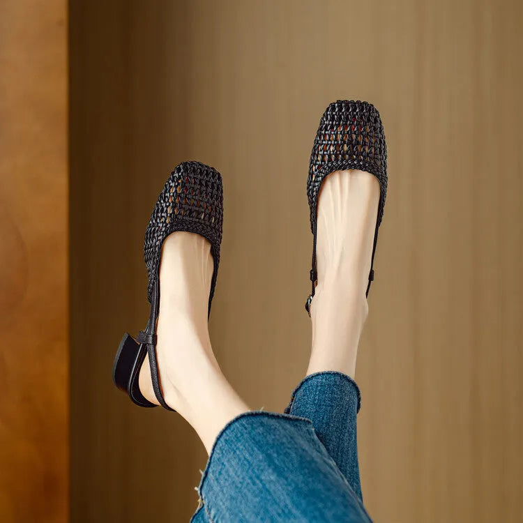 Women's beige woven hollow-out sandals with closed toe, buckle, and chunky 4cm heel on a rubber sole.