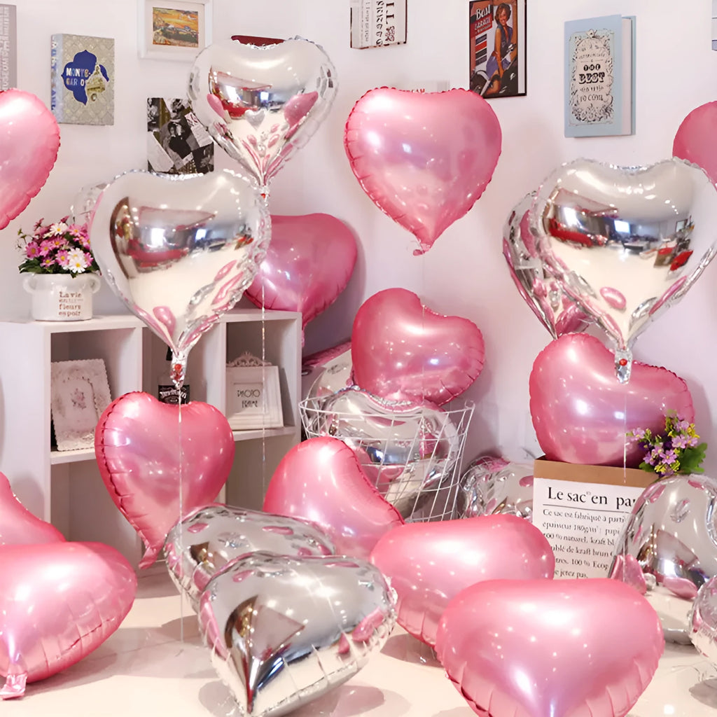 Five peach heart shaped aluminium foil balloons with sparkling finish in assorted colours