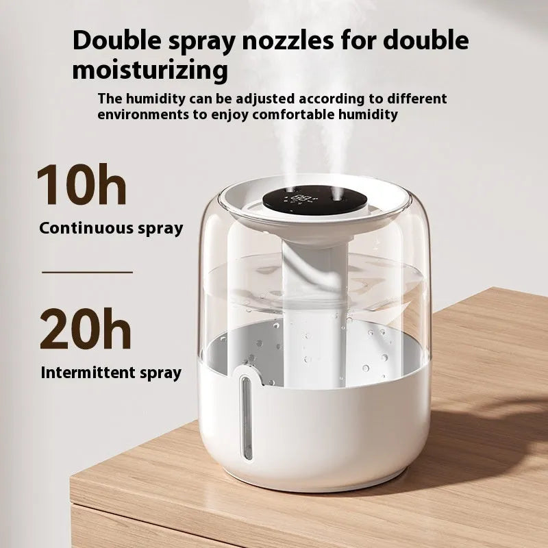 Beige round USB humidifier with dual spray nozzles, humidity display, and gear controls.