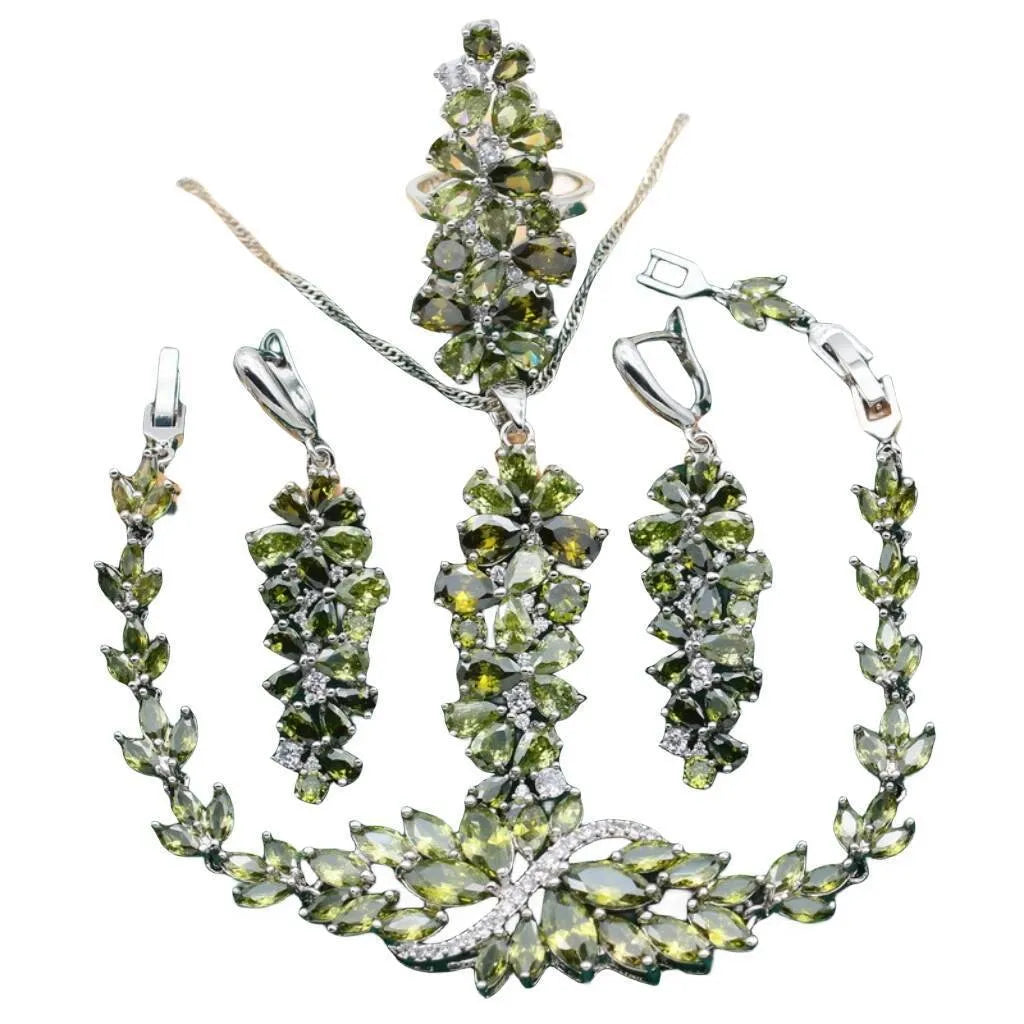 Retro olive purple floral jewellery set with alloy pendant, copper zircon necklace, bracelet, earrings, and ring