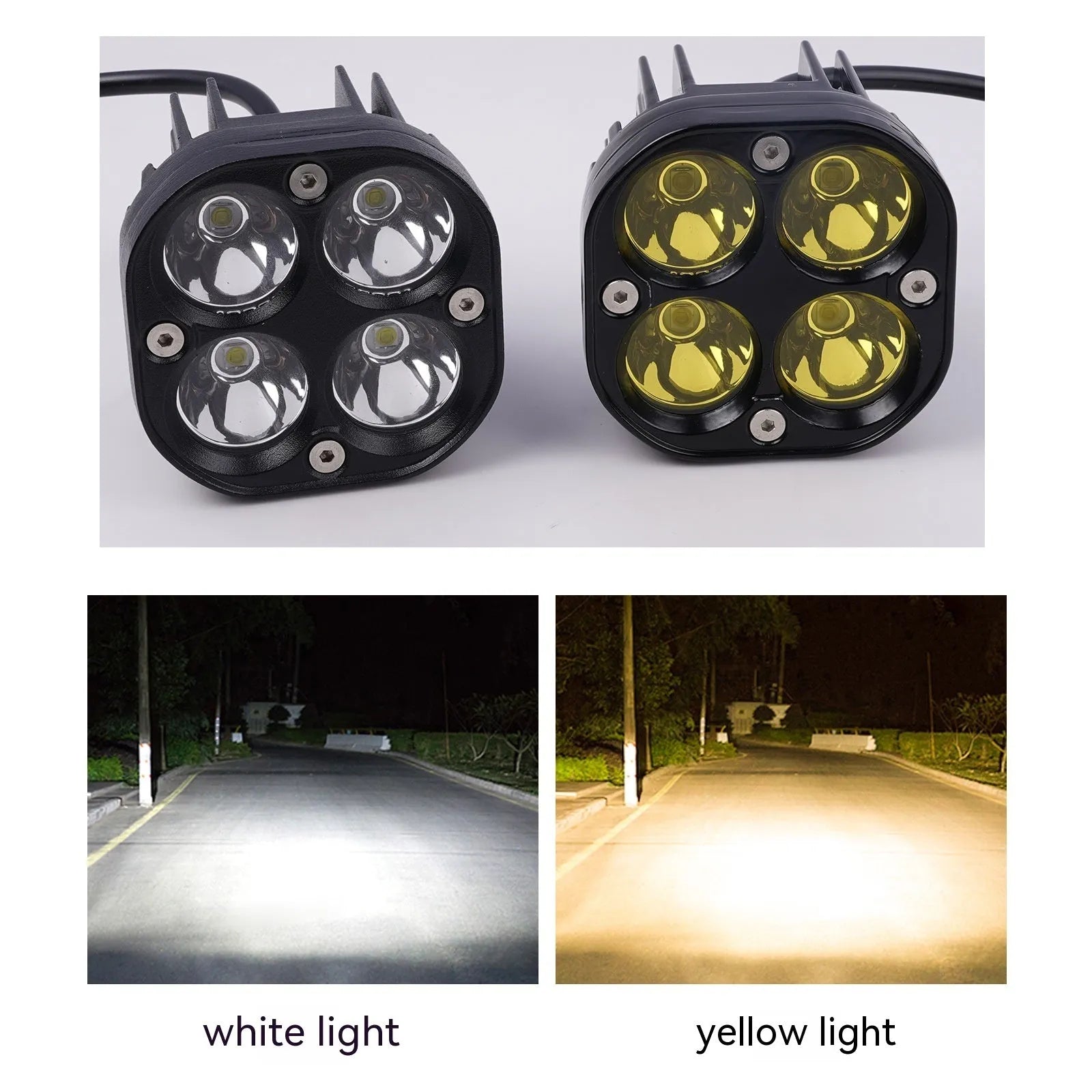 Four-eye vehicle headlight spotlight with aluminium mounting base in white or yellow light options