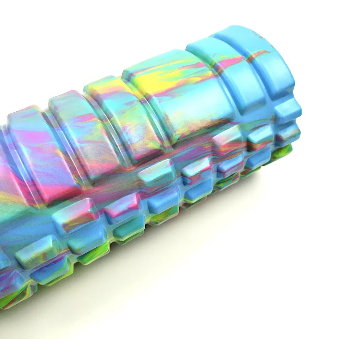 33cm camouflage pattern EVA foam roller in blue, green, and yellow colours.