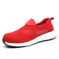 Men's lightweight steel toe work shoes in black, blue and red colours with mesh upper and low-top design