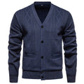 Men's brown striped cardigan sweater with wool lining shown on a model.